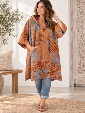 Reversible Kantha Patchwork Hooded Tunic Dress Oversized Boho Pockets